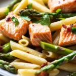 Marinierte Lachswürfel mit grünem Spargel und Penne – Einfach und Lecker First Image First Image